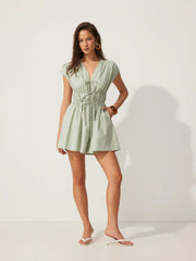 Cotton-blend V-neck Shirred Waist Mid Rise Romper