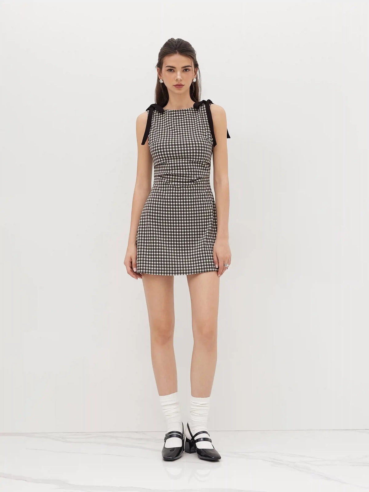 Round Neckline Gingham Bowknot Ruched Mini Dress