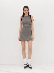 Round Neckline Gingham Bowknot Ruched Mini Dress