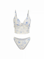 V-neck Toile de Jouy Floral Ruffle Tankini Low Rise Bikini Set