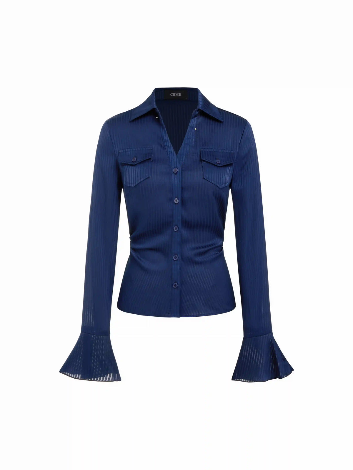Satin Collar Striped Ruched Bell Sleeve Shirt