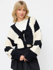 Knit V-neck Striped Tie Front Cardigan