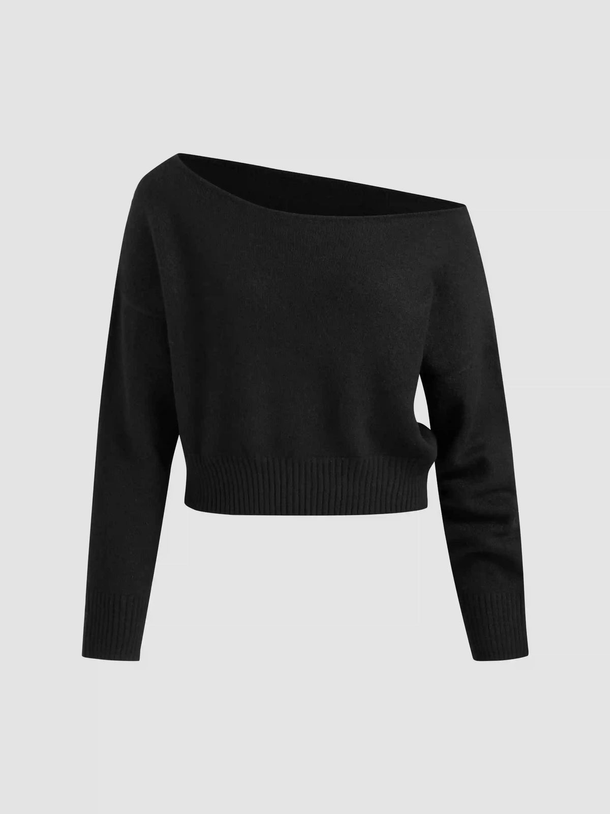 Knitted Boat Neck Solid Asymmetrical Long Sleeve Top