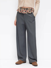 Mid Rise Tartan Ruffled Barrel-leg Trousers