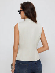 Cotton-blend Stand Collar Metal Button Detail Waistcoat