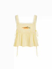 Jacquard Square Neckline Carrot Embroidery Lace Trim Knotted Top