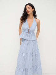 Cotton-blend Halter Neckline Stripe Tie Front Shirred Top & Mid Rise Elastic Waist Ruffle Maxi Skirt Set