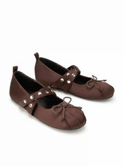 ROUND TOE SATIN STUDDED MARY JANE FLATS