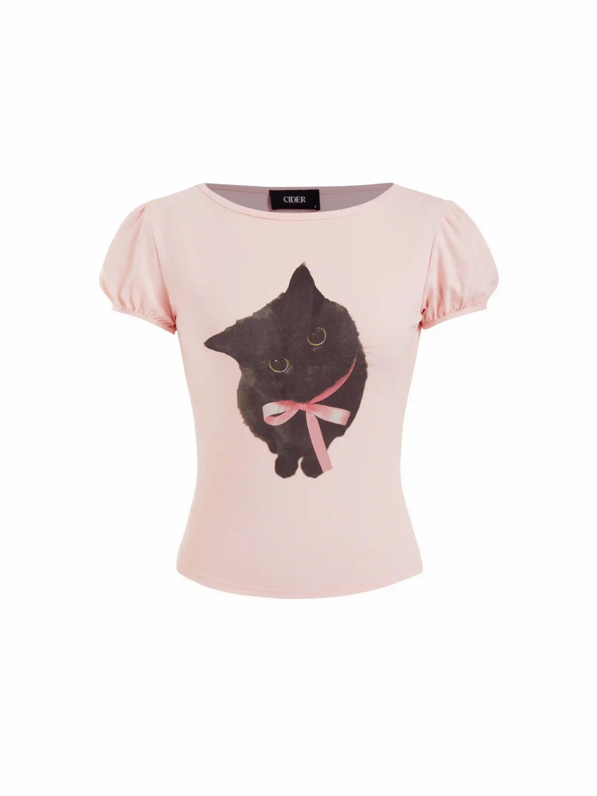 Cotton-blend Cat Print Boat Neck Puff Sleeve Top