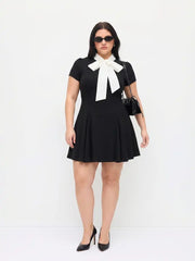 Stand Collar Bowknot Aline Mini Dress Curve & Plus