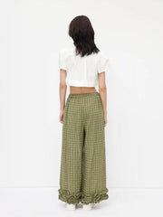Mid Rise Check Drawstring Lettuce Trim Trousers
