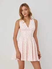 Cotton Floral V-neck Lace Panel A-line Mini Dress