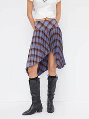 Plaid Mid Rise Asymmetrical Hem Pleated Midi Skirt
