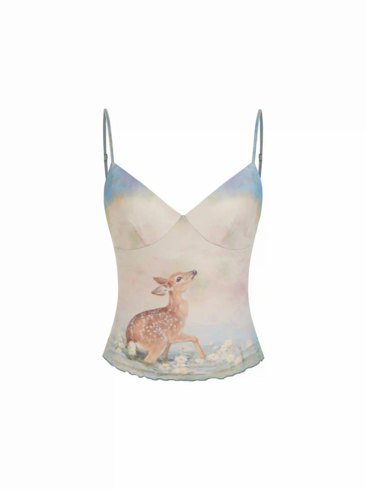 Deer Graphic V-neck Lettuce Trim Cami Top