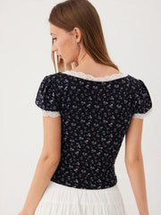 Ditsy Floral V-Neck Contrasting Lace Puff Sleeve Top