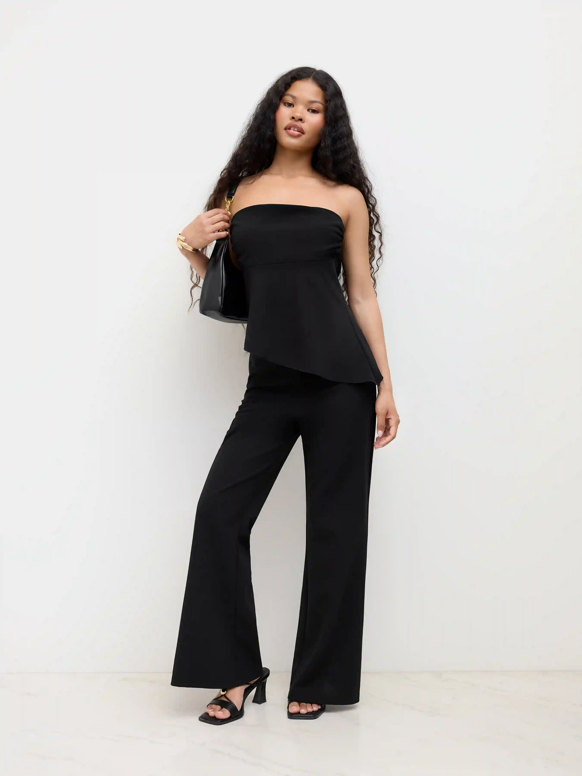 Ruched Asymmetrical Hem Bandeau Top & Mid Rise Flared Trousers Set
