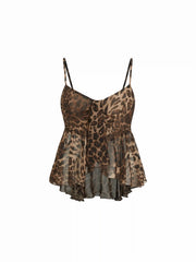 Chiffon Draped Leopard Graphic Cami Top & Mid Rise Tiered Mini Skirt Set
