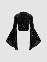 Velvet Star Pattern Bell Sleeve Crop Top