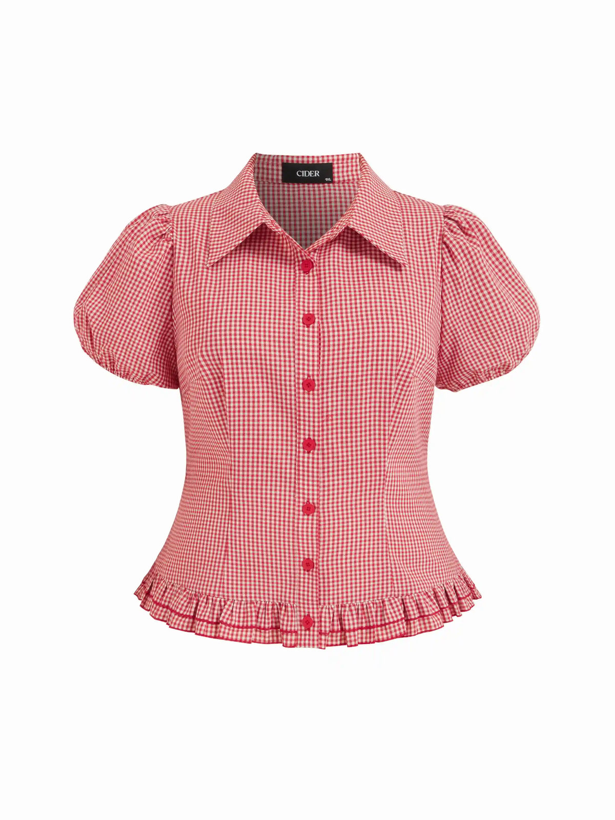 Cotton-blend Gingham Knotted Ruffle Hem Puff Sleeve Blouse Curve & Plus