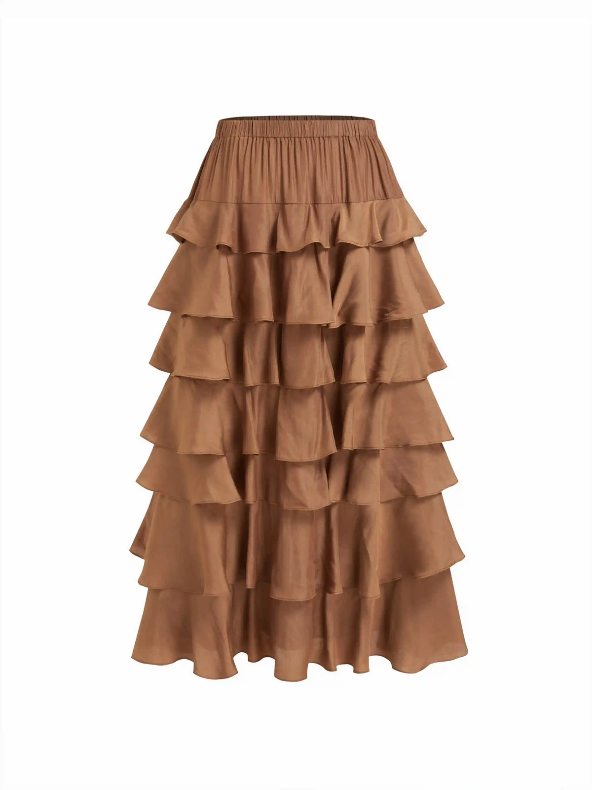 Mid Rise Elastic Waist Ruffled Layered Maxi Skirt