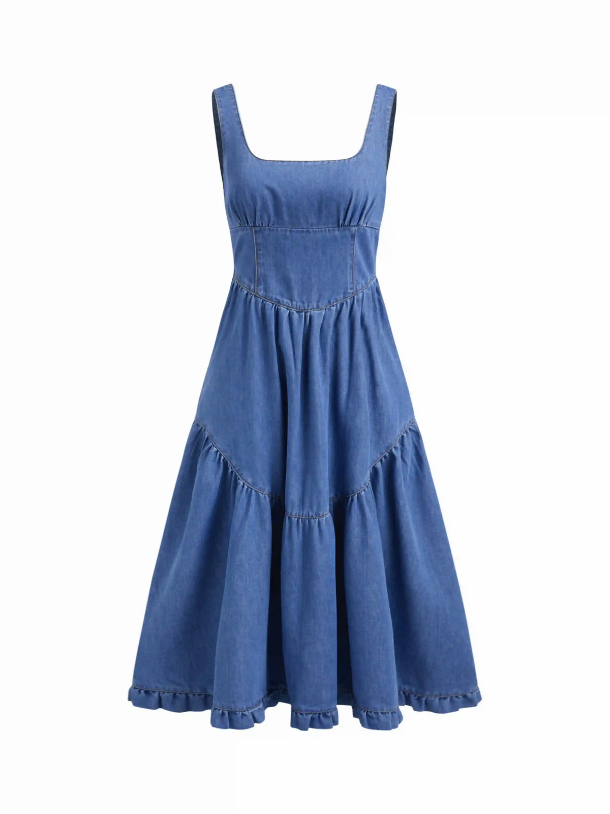 Denim Square Neck Ruffle Tiered Maxi Dress