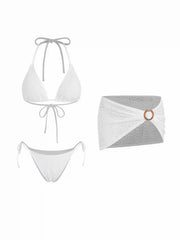 V-neck Textured Tie Side Triangle Bikini Set With O-Ring Detail Sarong