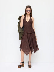 Lace V-neck Wrap Metal Detail Hanky Hem Midi Dress