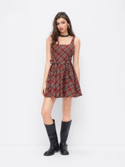 Cotton Scoop Neckline Plaid Bowknot Mini Dress