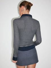Collar Long Sleeve Two tone Striped Trim Asymmetrical Top