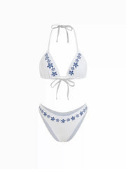 Halter Neckline Starfish Embroidery Triangle Cheeky Bikini Set