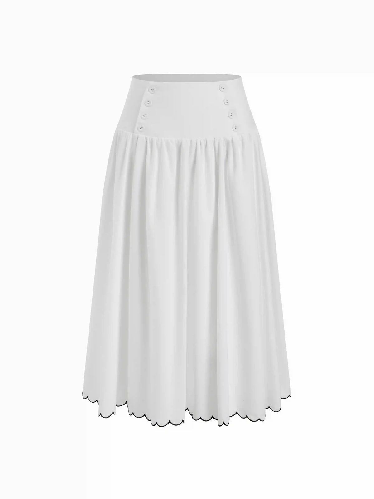 Linen-blend Low Rise Button Detail Scalloped Hem Flared Maxi Skirt