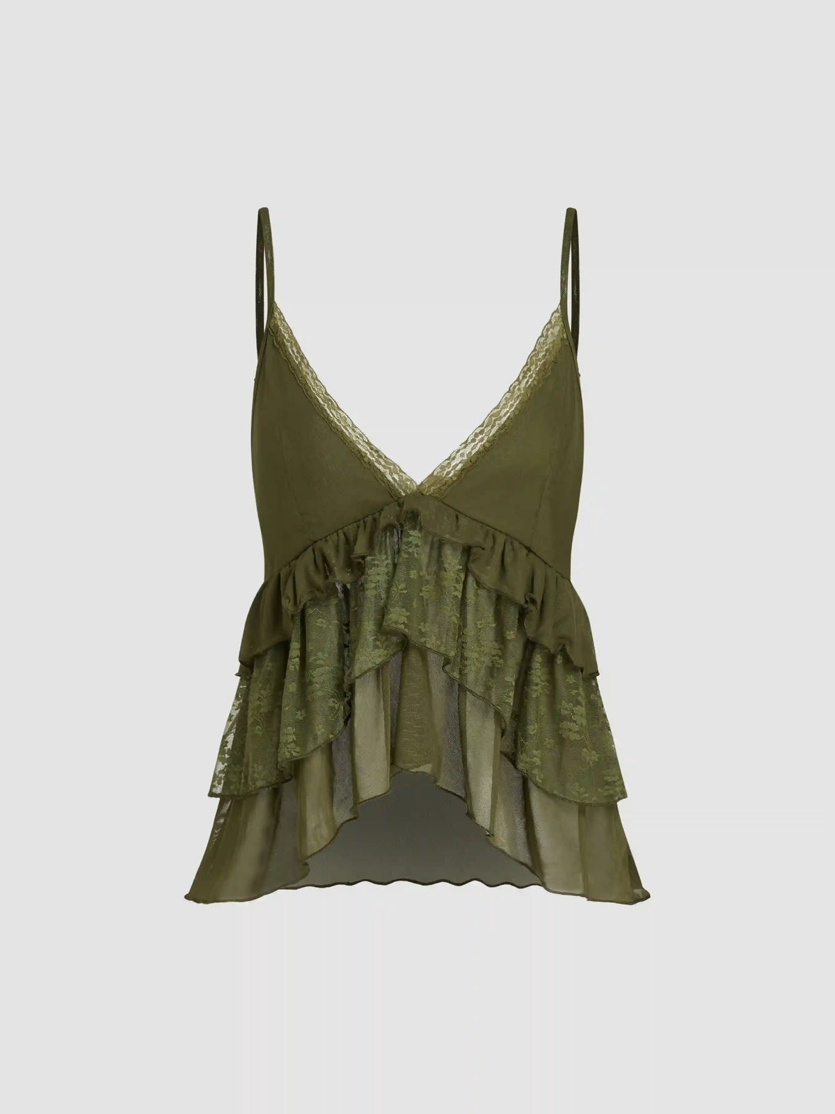 Mesh V-neck Floral Lace Trim Ruffle Cami Top