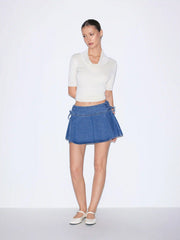 Washed Denim Low Rise Lace-up A-line Micro Mini Skirt