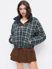 Reversible Cotton-blend Stand Collar Tartan Zip Through Puffer