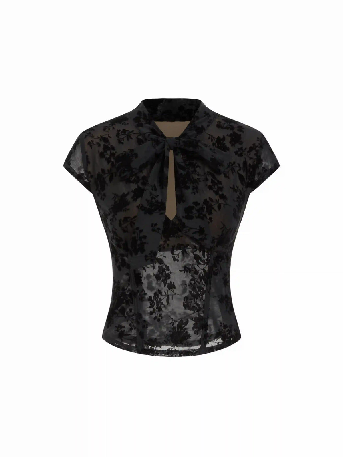Floral Lace Round Neckline Bowknot Tie Front Top