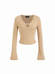 Plaid Geometric Pattern V-neck Bell Sleeve Beaded Cut Out Top