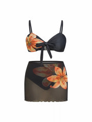 Sweetheart Floral Knotted Bikini Set With Beach Skirt Curve & Plus