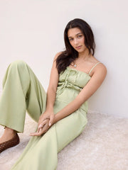 Linen-blend Bowknot Shirred Cami Top & Mid Rise Elastic Waist Trousers Set