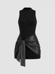 High Neck Ruched Knotted Mini Dress