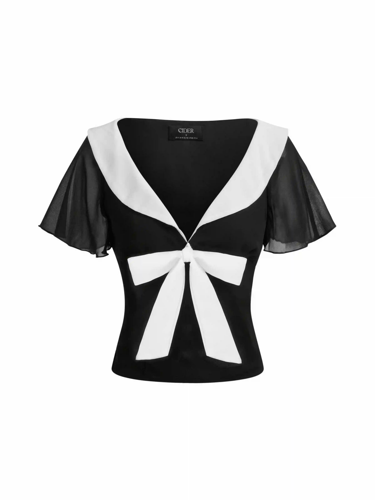 Chiffon Colorblock Collar Ruffle Sleeve Ruched Bowknot Blouse