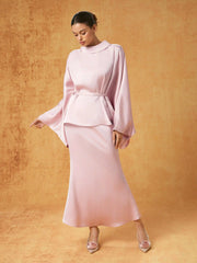 Satin Stand Collar Cape Top & Mid Rise Midi Skirt Set
