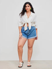 Linen-blend Collar Solid Short Sleeve Shirt Curve & Plus