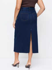 Stretch Denim Mid Rise Split Back Maxi Skirt With Belt Curve & Plus