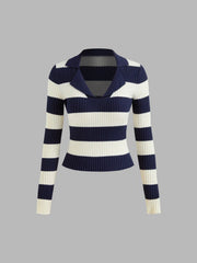 Knit Polo Striped Long Sleeve Sweater