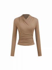 V-neck Asymmetrical Ruched Long Sleeve Tee