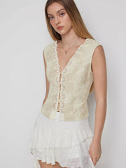 Jacquard V-Neck Floral Lace Tie Back Cami Top