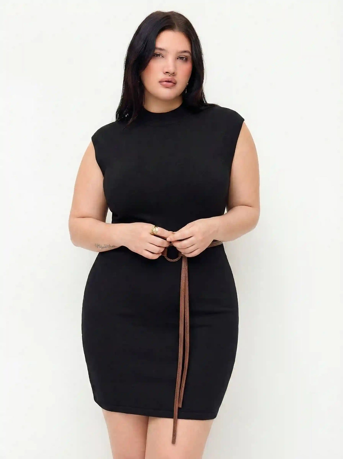 Knit Stand Collar Straight Mini Dress With Belt Curve & Plus