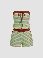 Cotton-blend Stripe Knotted Contrasting Binding Bandeau Romper
