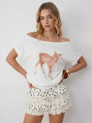 Cotton-blend Deer & Bowknot Graphic Asymmetrical Neck Tee