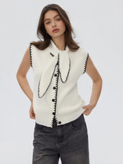 Knit High Neck Contrasting Binding Button Vest With Scarf